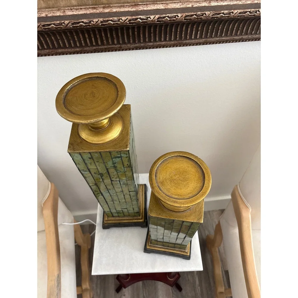 Vintage Pierre One Set of 2 Gold Verdigris Mirrored Mosaic Pillar Candle Holder